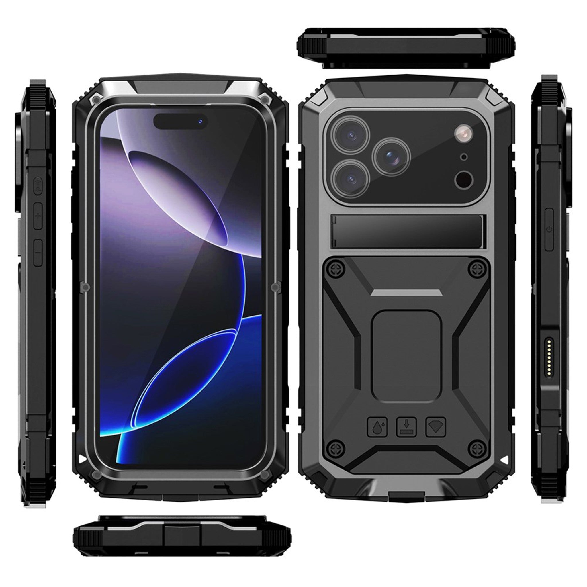 iPhone 18 Pro / 17 Pro R-JUST Hybrid Håndværker Cover m. Indbygget Skærmbeskyttelse & Kickstand - Sort