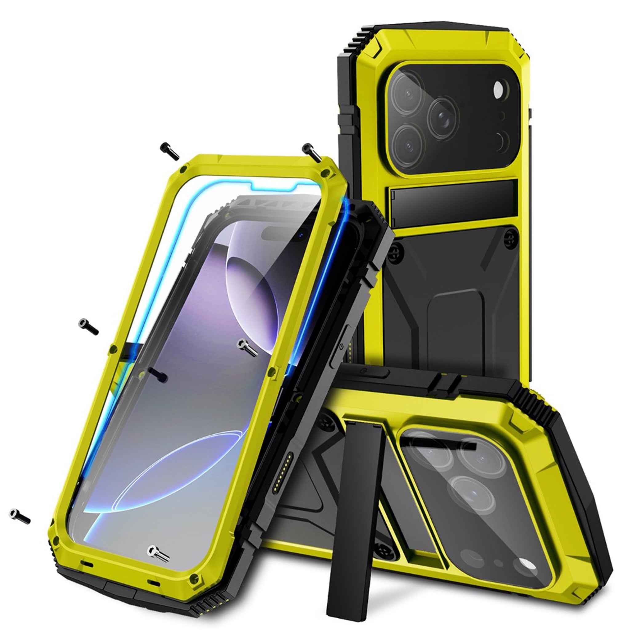 iPhone 18 Pro / 17 Pro R-JUST Hybrid Håndværker Cover m. Indbygget Skærmbeskyttelse & Kickstand - Gul