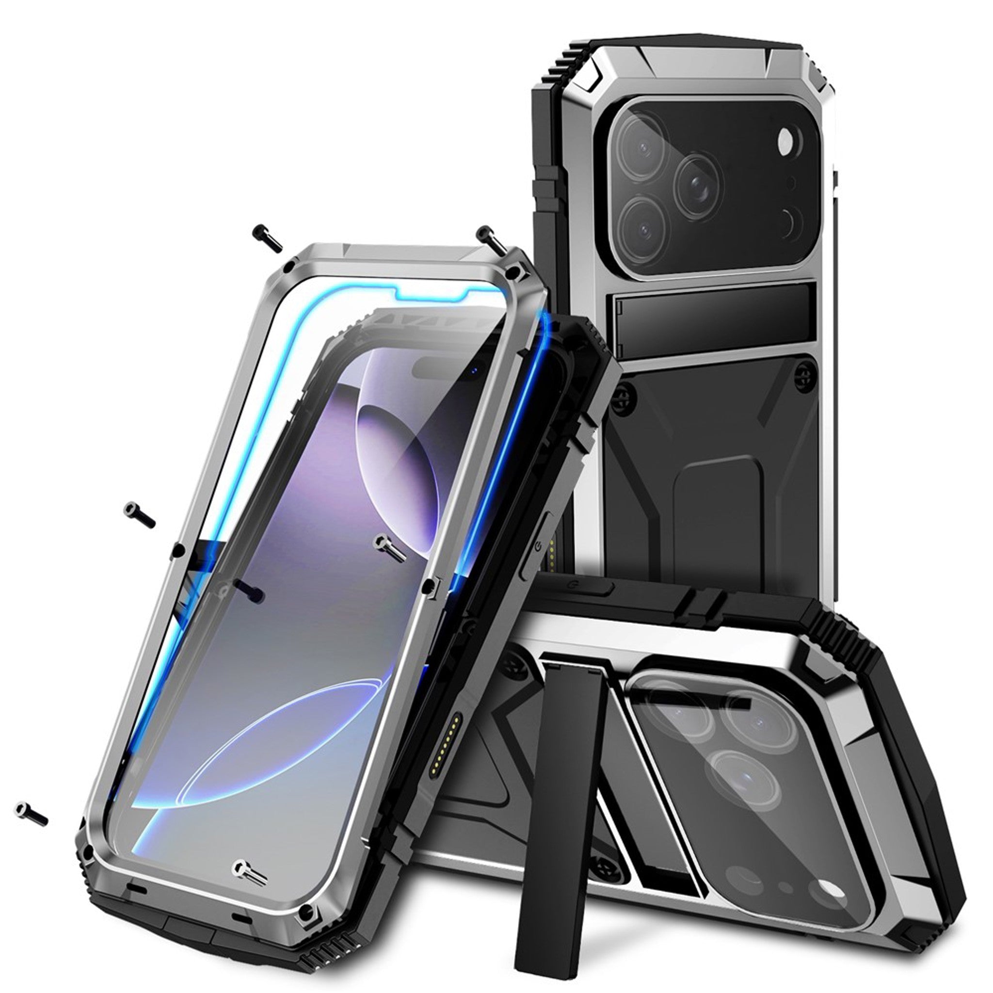 iPhone 18 Pro / 17 Pro R-JUST Hybrid Håndværker Cover m. Indbygget Skærmbeskyttelse & Kickstand - Sølv