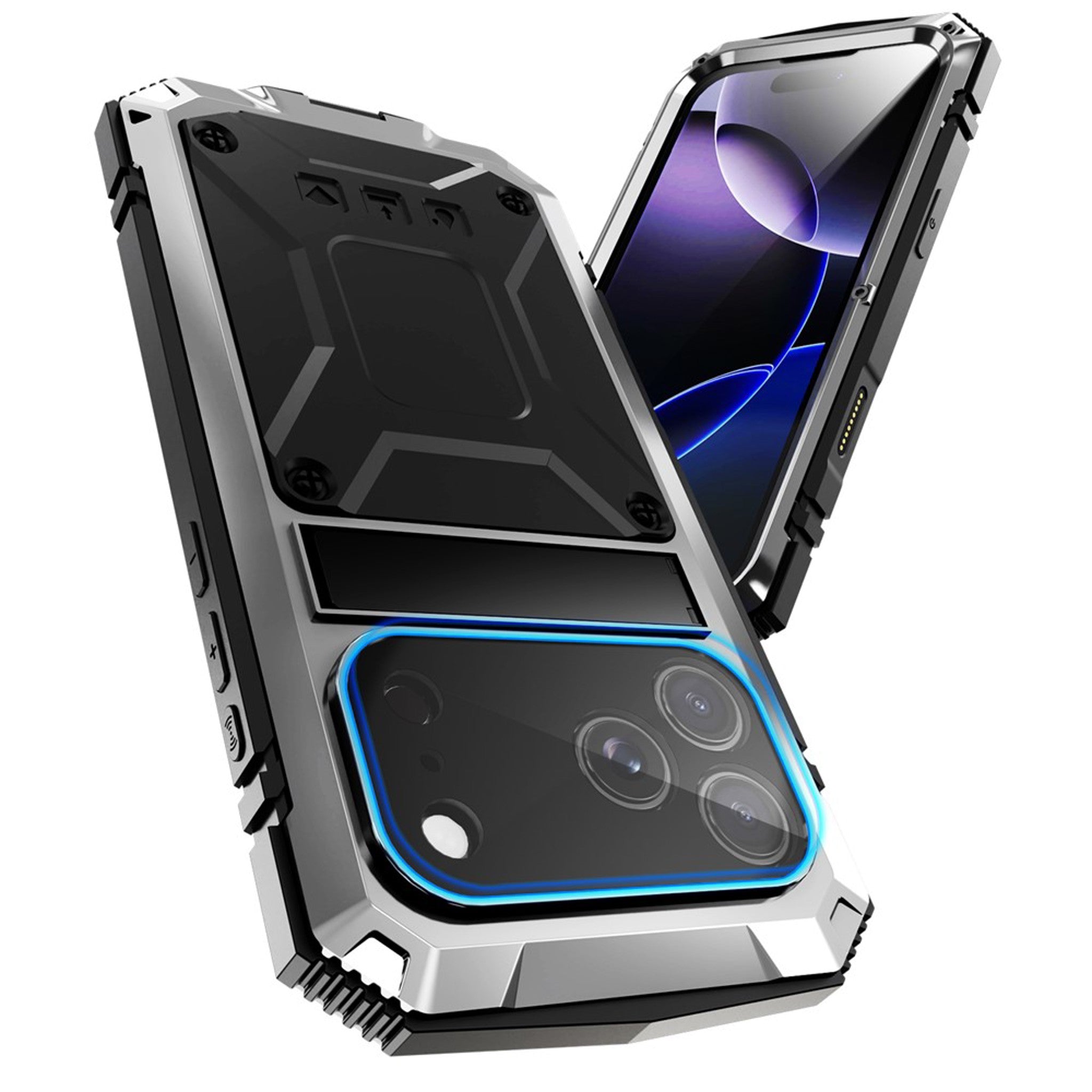 iPhone 18 Pro Max / 17 Pro Max R-JUST Hybrid Håndværker Cover m. Indbygget Skærmbeskyttelse & Kickstand - Sølv