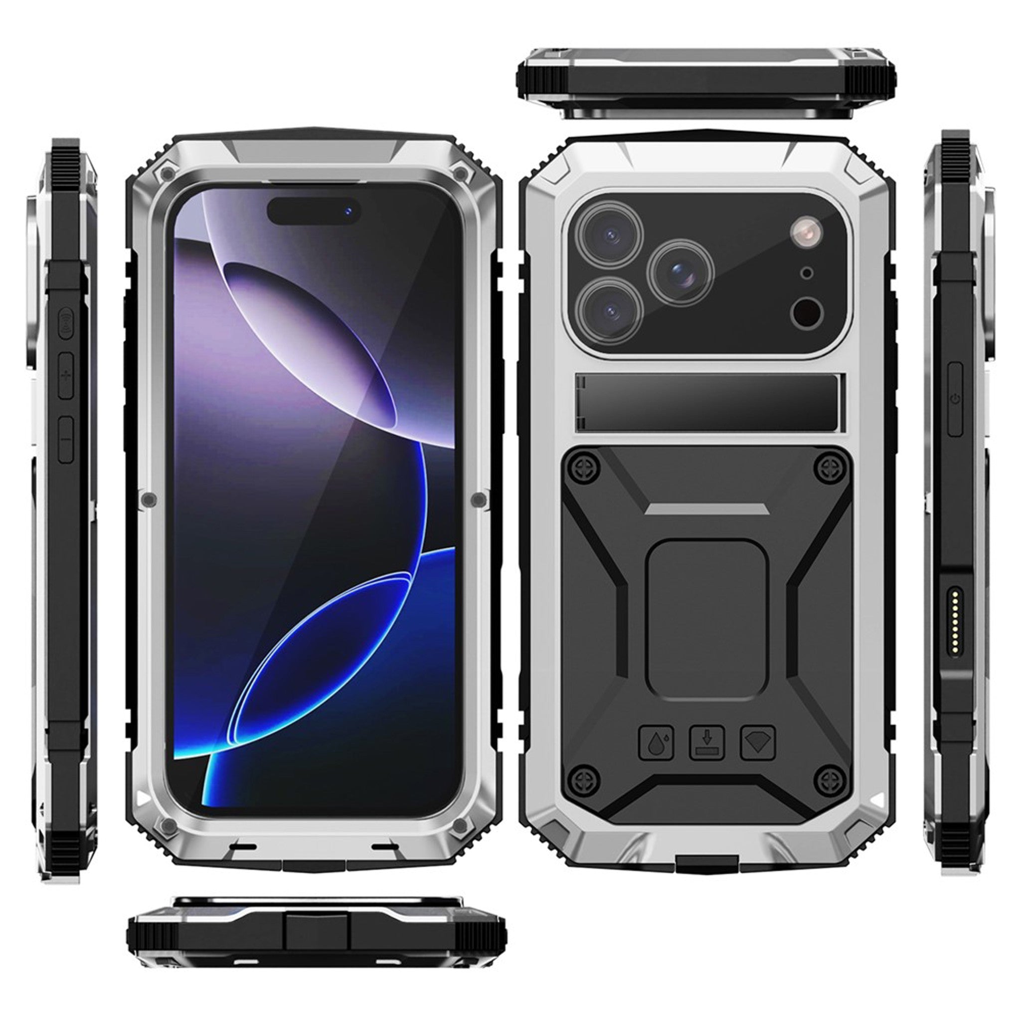 iPhone 18 Pro Max / 17 Pro Max R-JUST Hybrid Håndværker Cover m. Indbygget Skærmbeskyttelse & Kickstand - Sølv