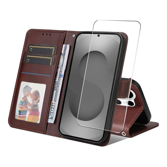 Samsung Galaxy S26 Ultra ENKAY 2-i-1 Kunstlæder Flip Cover m. Skærmbeskyttelsesglas - Brun
