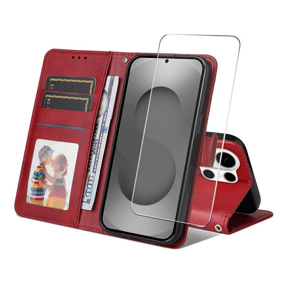 Samsung Galaxy S26 Ultra ENKAY 2-i-1 Kunstlæder Flip Cover m. Skærmbeskyttelsesglas - Rød