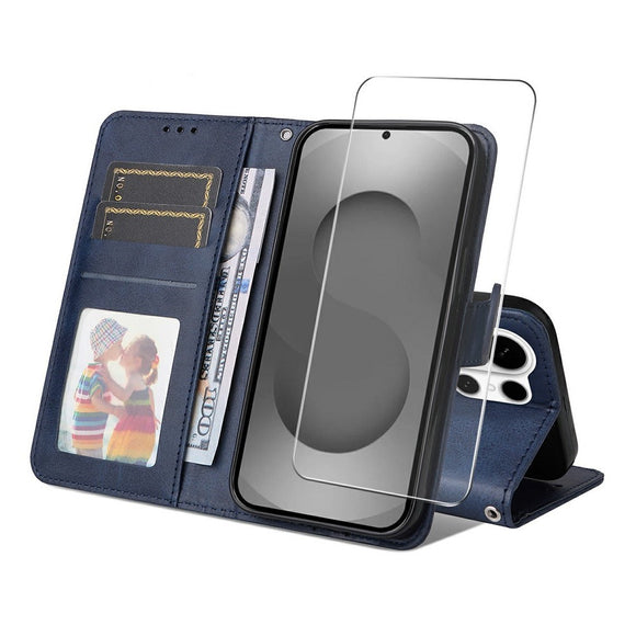 Samsung Galaxy S26 Ultra ENKAY 2-i-1 Kunstlæder Flip Cover m. Skærmbeskyttelsesglas - Blå