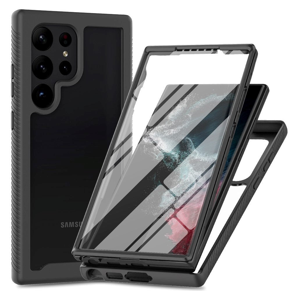 Samsung Galaxy S23 Ultra Hybrid Plastik Cover m. Skærmbeskyttelse - Sort / Gennemsigtig