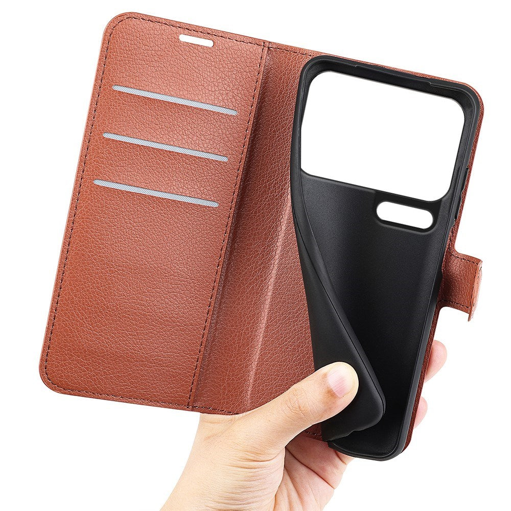 Xiaomi 17 Pro AMORUS Litchi Tekstur Kunstlæder Flip Cover m. Kortholder - Brun