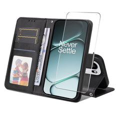 OnePlus 15R ENKAY 2-i-1 Kunstlæder Flip Cover m. Skærmbeskyttelsesglas - Sort