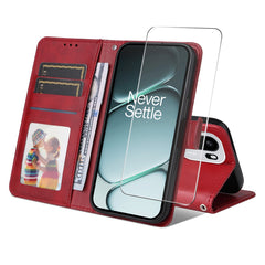 OnePlus 15R ENKAY 2-i-1 Kunstlæder Flip Cover m. Skærmbeskyttelsesglas - Rød