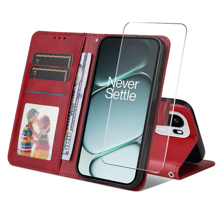 OnePlus 15R ENKAY 2-i-1 Kunstlæder Flip Cover m. Skærmbeskyttelsesglas - Rød