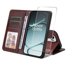 OnePlus 15R ENKAY 2-i-1 Kunstlæder Flip Cover m. Skærmbeskyttelsesglas - Brun