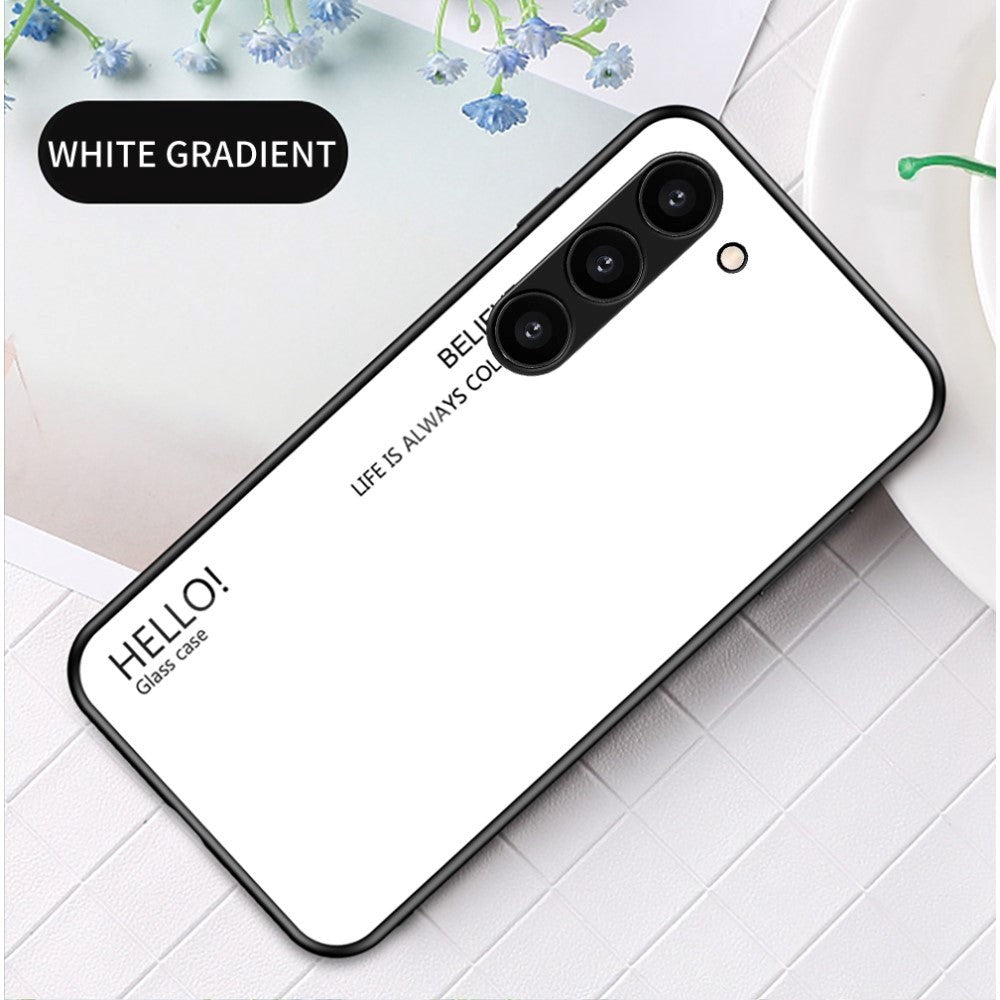 Samsung Galaxy S23 Cover m. Glas Bagside - Hello - Hvid