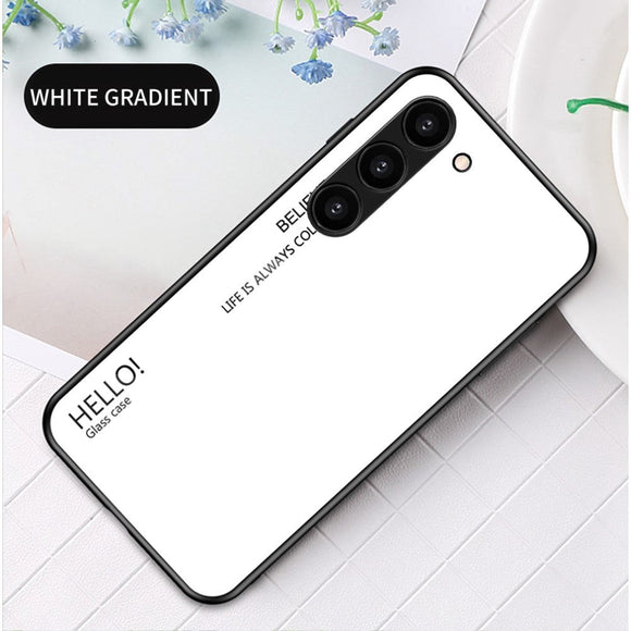 Samsung Galaxy S23 Cover m. Glas Bagside - Hello - Hvid