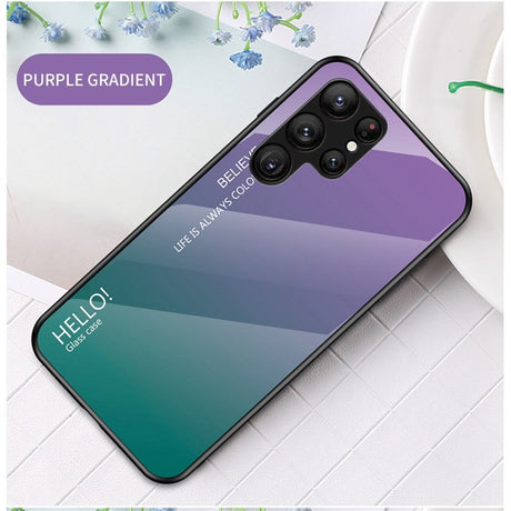 Samsung Galaxy S23 Ultra Cover m. Glas Bagside - Hello - Lilla / Grøn