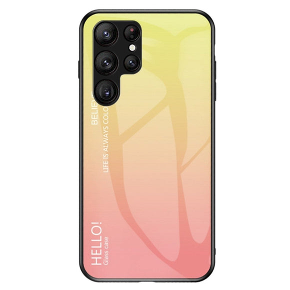 Samsung Galaxy S23 Ultra Cover m. Glas Bagside - Hello - Gul / Lyserød