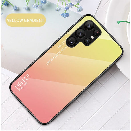 Samsung Galaxy S23 Ultra Cover m. Glas Bagside - Hello - Gul / Lyserød