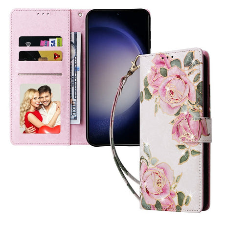 Samsung Galaxy S26 EIDERWOOD Kunstlæder Flip Cover m. Blomster - Lyserød Rose