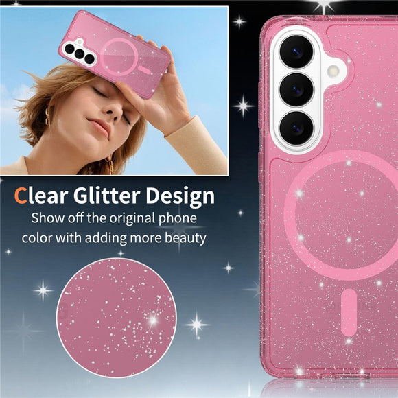 Samsung Galaxy S26 EIDERWOOD Magnetisk Plast Glitter Cover - MagSafe Kompatibel - Gennemsigtig / Lyserød