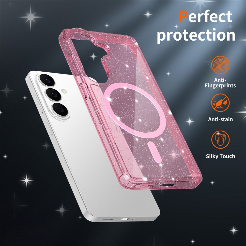 Samsung Galaxy S26 EIDERWOOD Magnetisk Plast Glitter Cover - MagSafe Kompatibel - Gennemsigtig / Lyserød