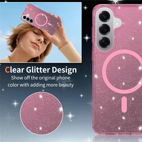 Samsung Galaxy S26+ (Plus) EIDERWOOD Magnetisk Plast Glitter Cover m. Skærmbeskyttelsesglas - MagSafe Kompatibel - Gennemsigtig / Lyserød