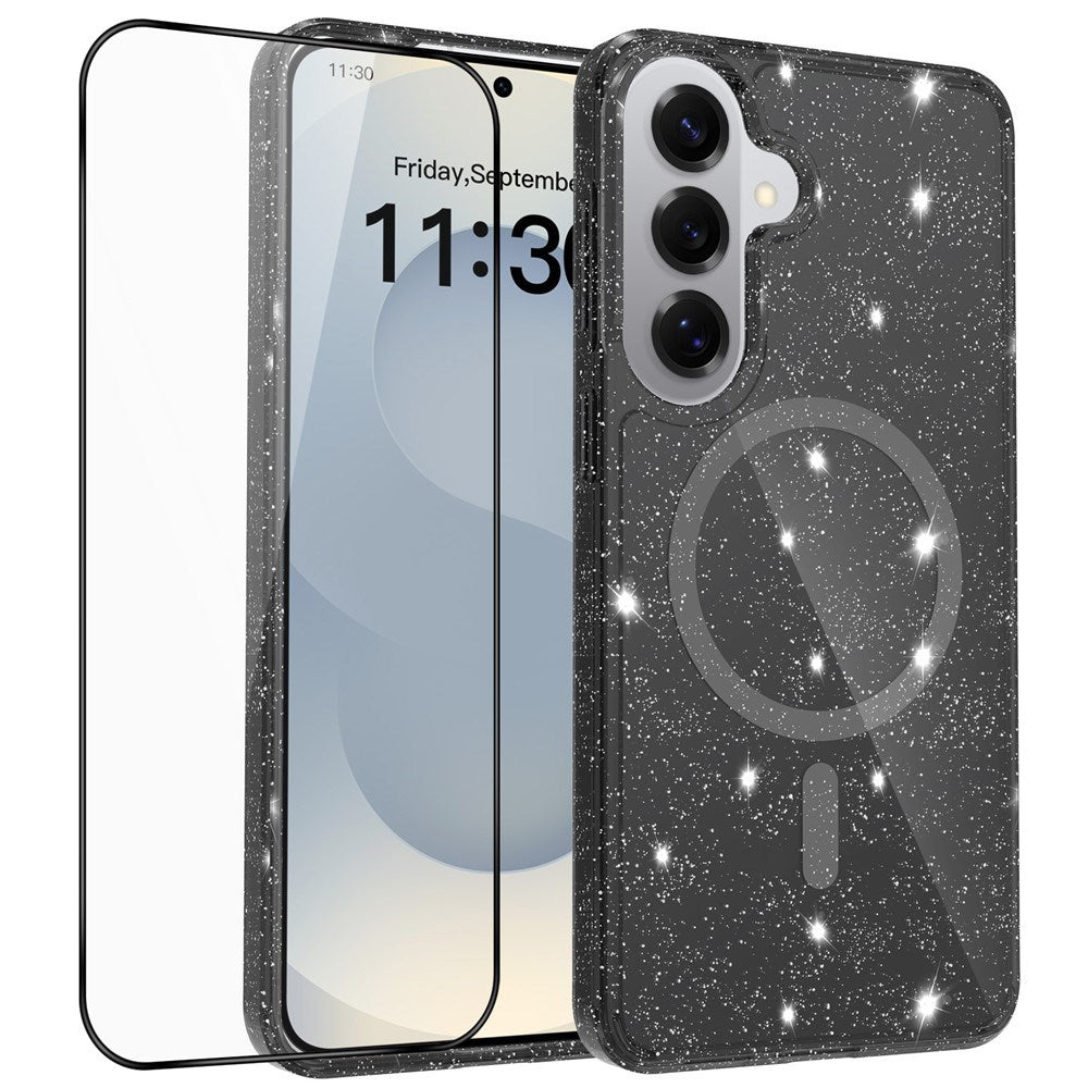 Samsung Galaxy S26+ (Plus) EIDERWOOD Magnetisk Plast Glitter Cover m. Skærmbeskyttelsesglas - MagSafe Kompatibel - Gennemsigtig / Sort