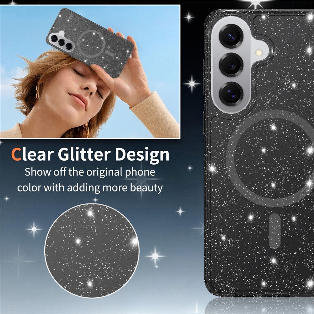 Samsung Galaxy S26+ (Plus) EIDERWOOD Magnetisk Plast Glitter Cover m. Skærmbeskyttelsesglas - MagSafe Kompatibel - Gennemsigtig / Sort