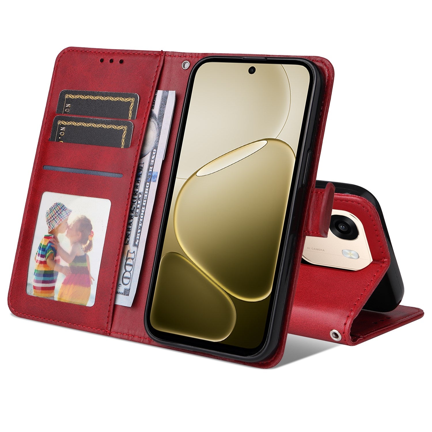 OPPO A6x EIDERWOOD Kunstlæder Flip Cover m. Kortholder & Ståfunktion - Rød