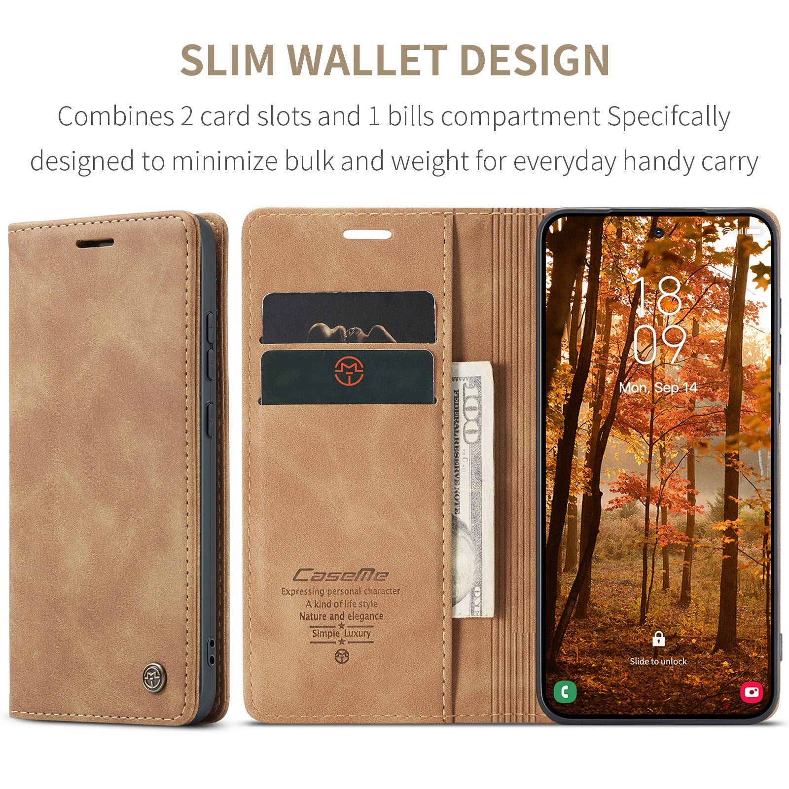 Samsung Galaxy S26 CASEME Kunstlæder Flip Cover m. Ståfunktion & Kortholder - Lysebrun