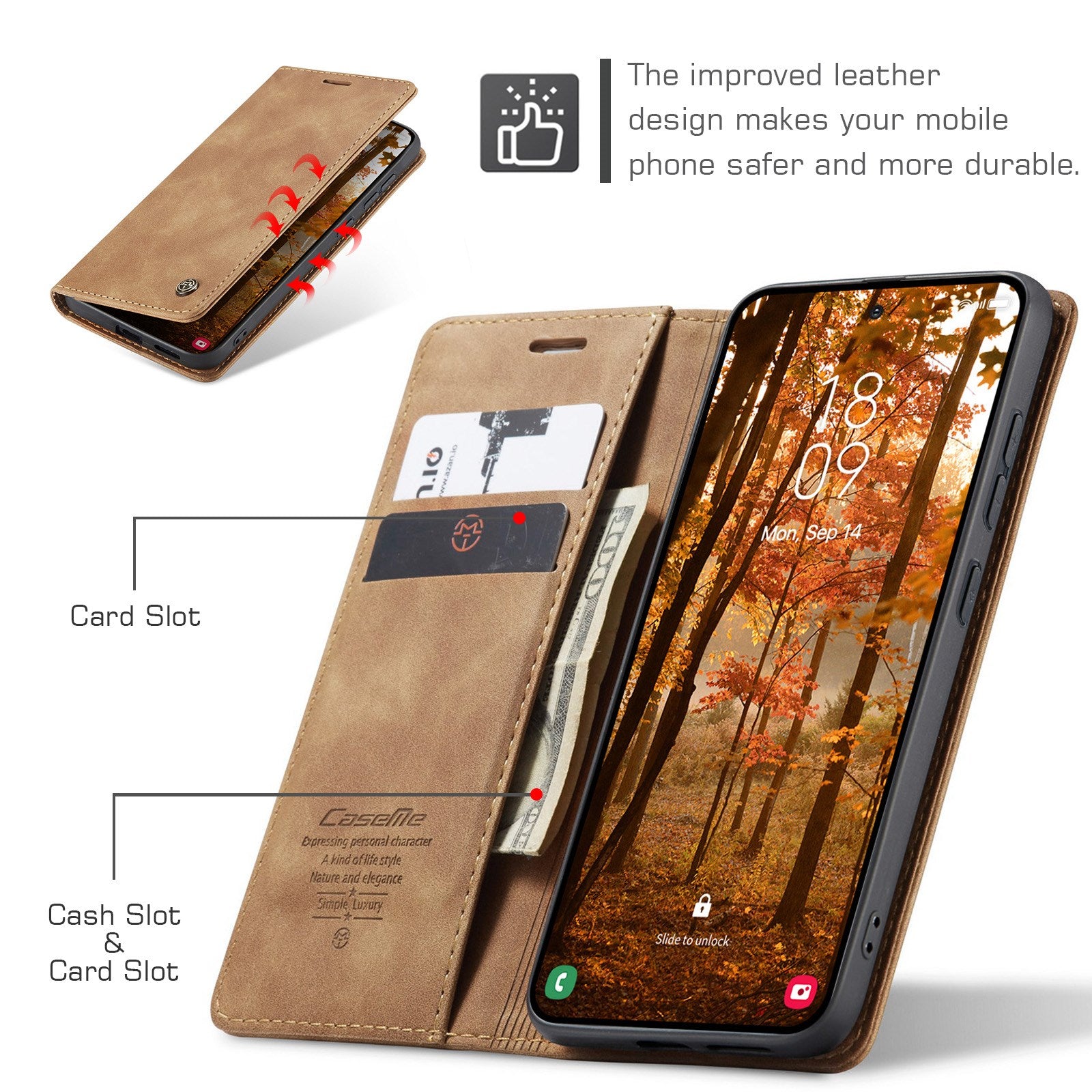 Samsung Galaxy S26 CASEME Kunstlæder Flip Cover m. Ståfunktion & Kortholder - Lysebrun