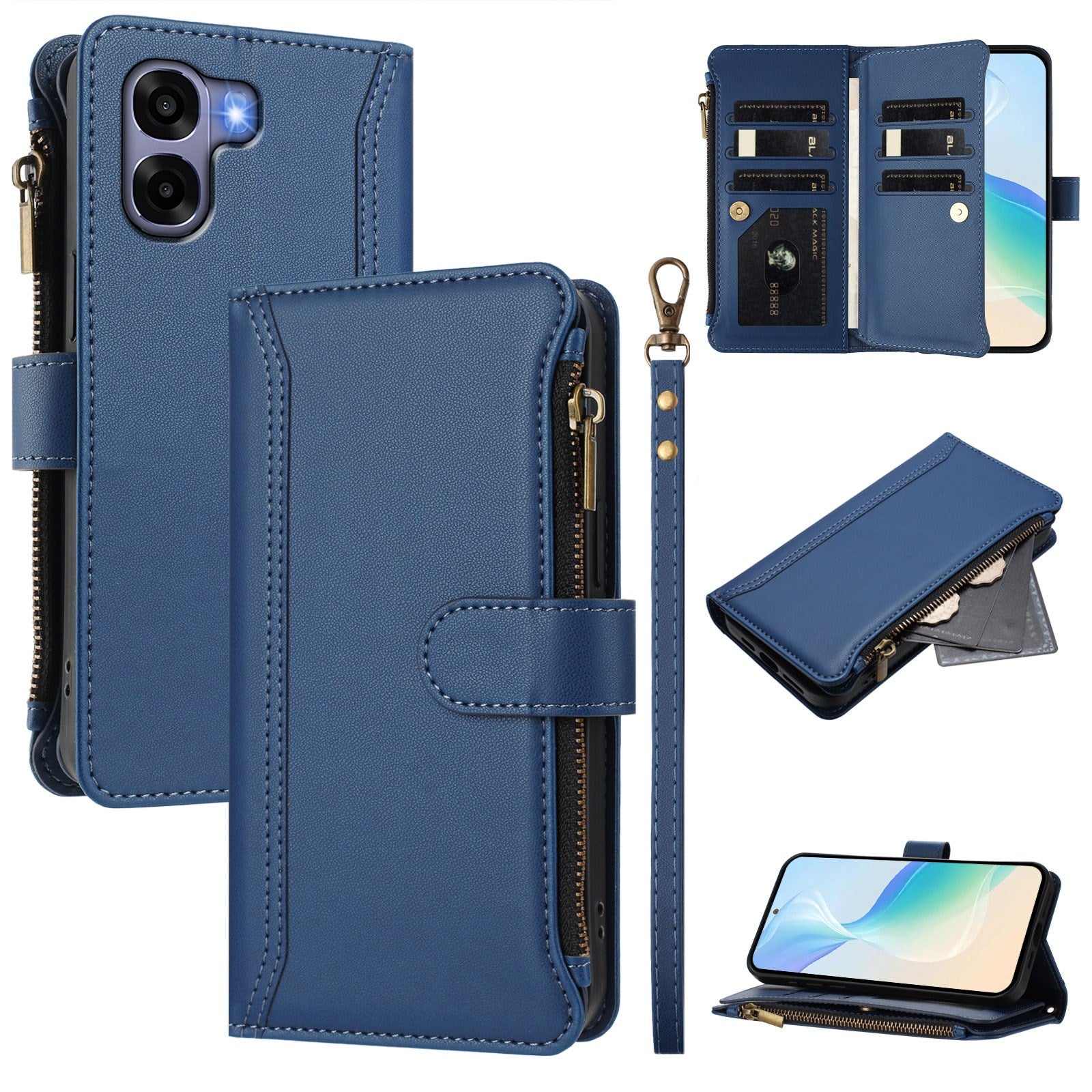 OPPO A6x EIDERWOOD Kunstlæder Flipcover m. 9 x Kortholder & Lynlåslomme - Blå