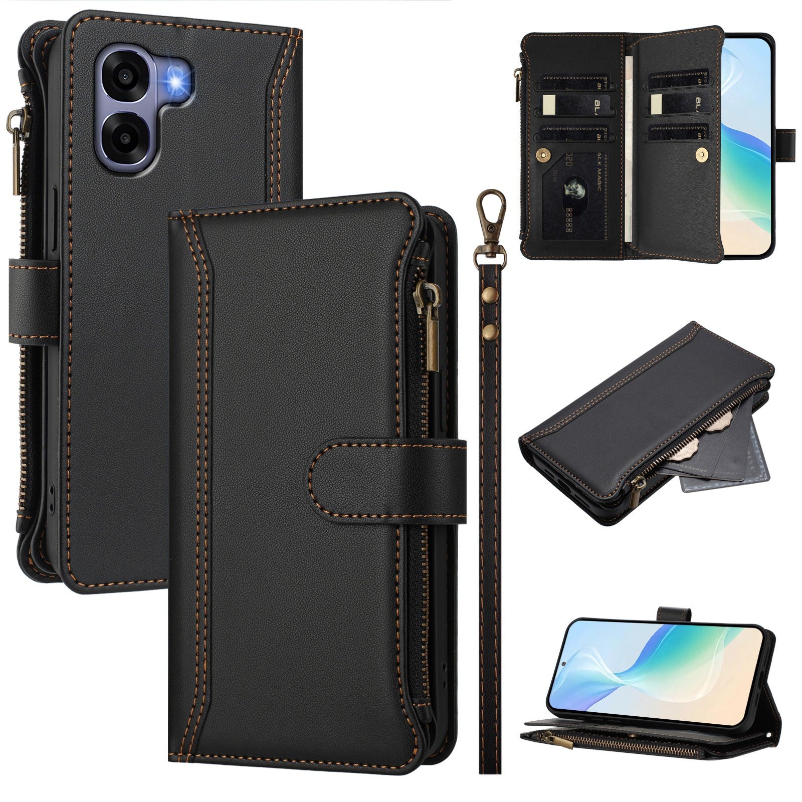 OPPO A6x EIDERWOOD Kunstlæder Flipcover m. 9 x Kortholder & Lynlåslomme - Sort