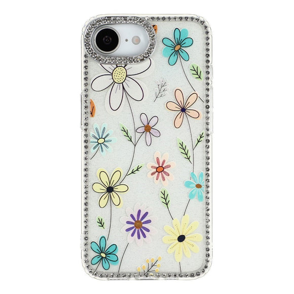 iPhone 17e / 16e EIDERWOOD Hybrid Cover m. Rhinsten & Blomsterdesign - Hvid / Flerfarvet Blomster