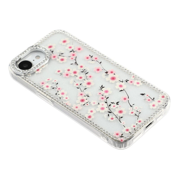 iPhone 17e / 16e EIDERWOOD Hybrid Cover m. Rhinsten & Blomsterdesign - Gennemsigtig / Kirsebærblomster