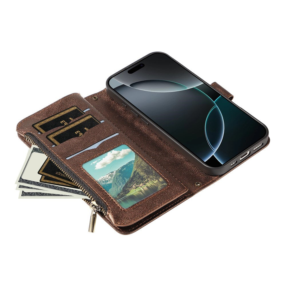 iPhone 17 Pro EIDERWOOD Flipcover m. 9 x Kortholder - Lynlåslomme - RFDI-Blokering - Rem - Brun