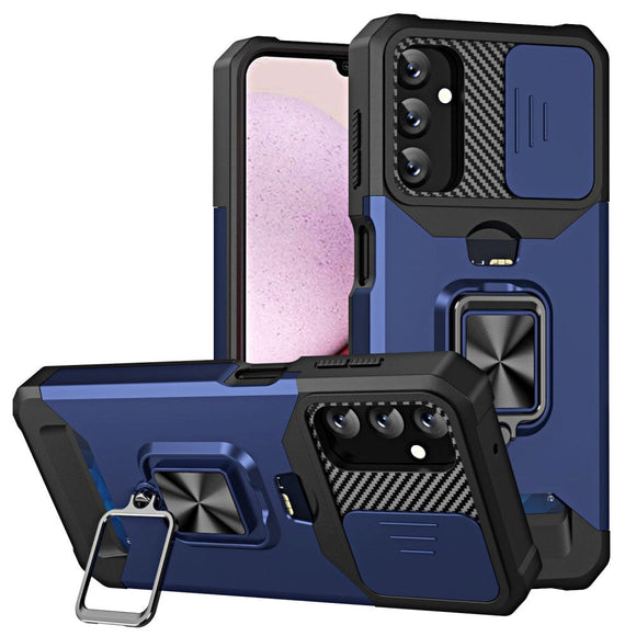Samsung Galaxy A14 / A14 (5G) Håndværker Cover m. Magnetisk Kickstand, Kortholder & Cam Slider - Sort / Blå
