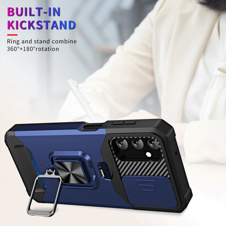 Samsung Galaxy A14 / A14 (5G) Håndværker Cover m. Magnetisk Kickstand, Kortholder & Cam Slider - Sort / Blå