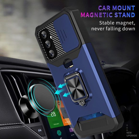 Samsung Galaxy A14 / A14 (5G) Håndværker Cover m. Magnetisk Kickstand, Kortholder & Cam Slider - Sort / Blå