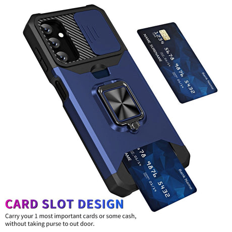 Samsung Galaxy A14 / A14 (5G) Håndværker Cover m. Magnetisk Kickstand, Kortholder & Cam Slider - Sort / Blå