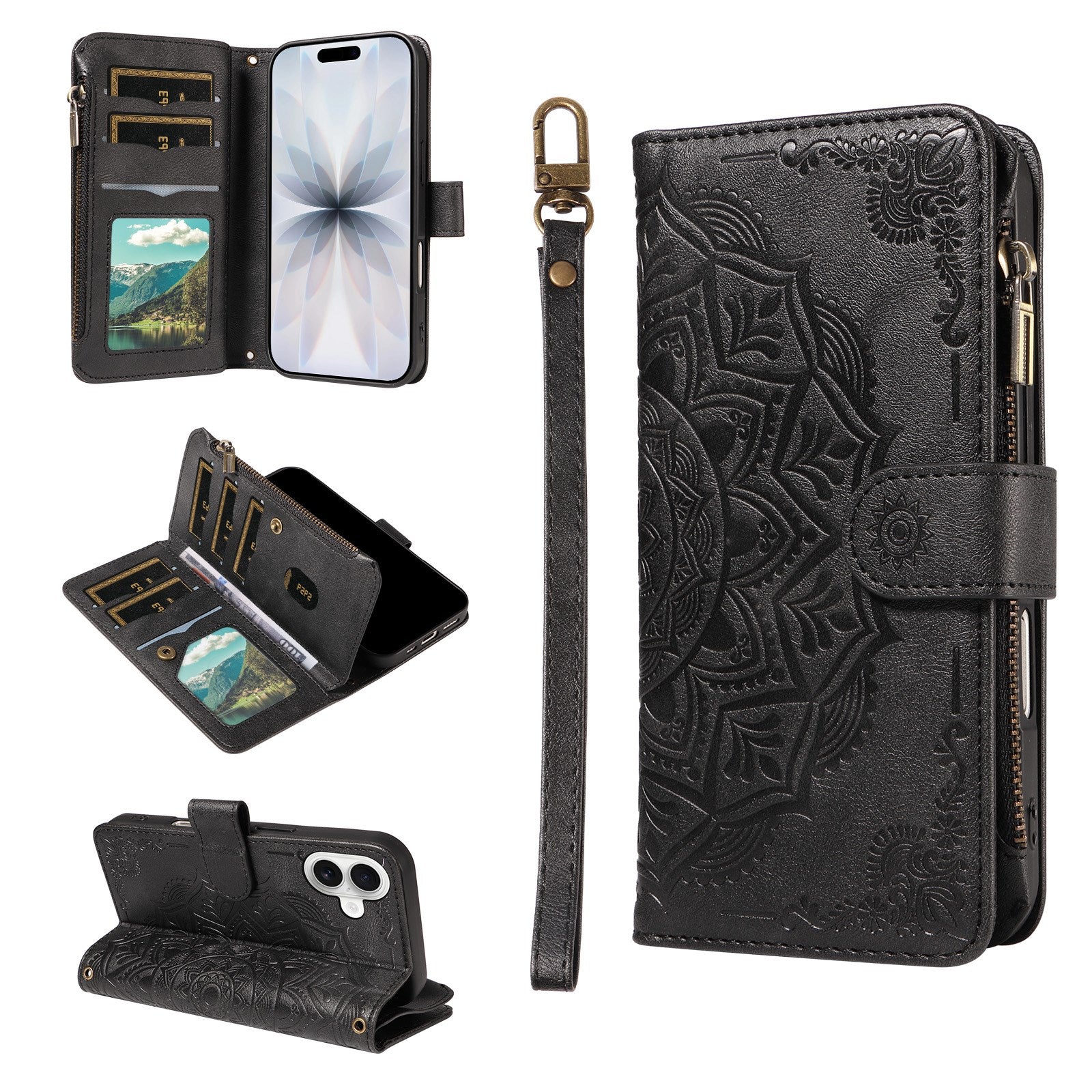 iPhone 17 EIDERWOOD Flipcover m. 9 x Kortholder - Lynlåslomme - RFDI-Blokering - Rem - Sort