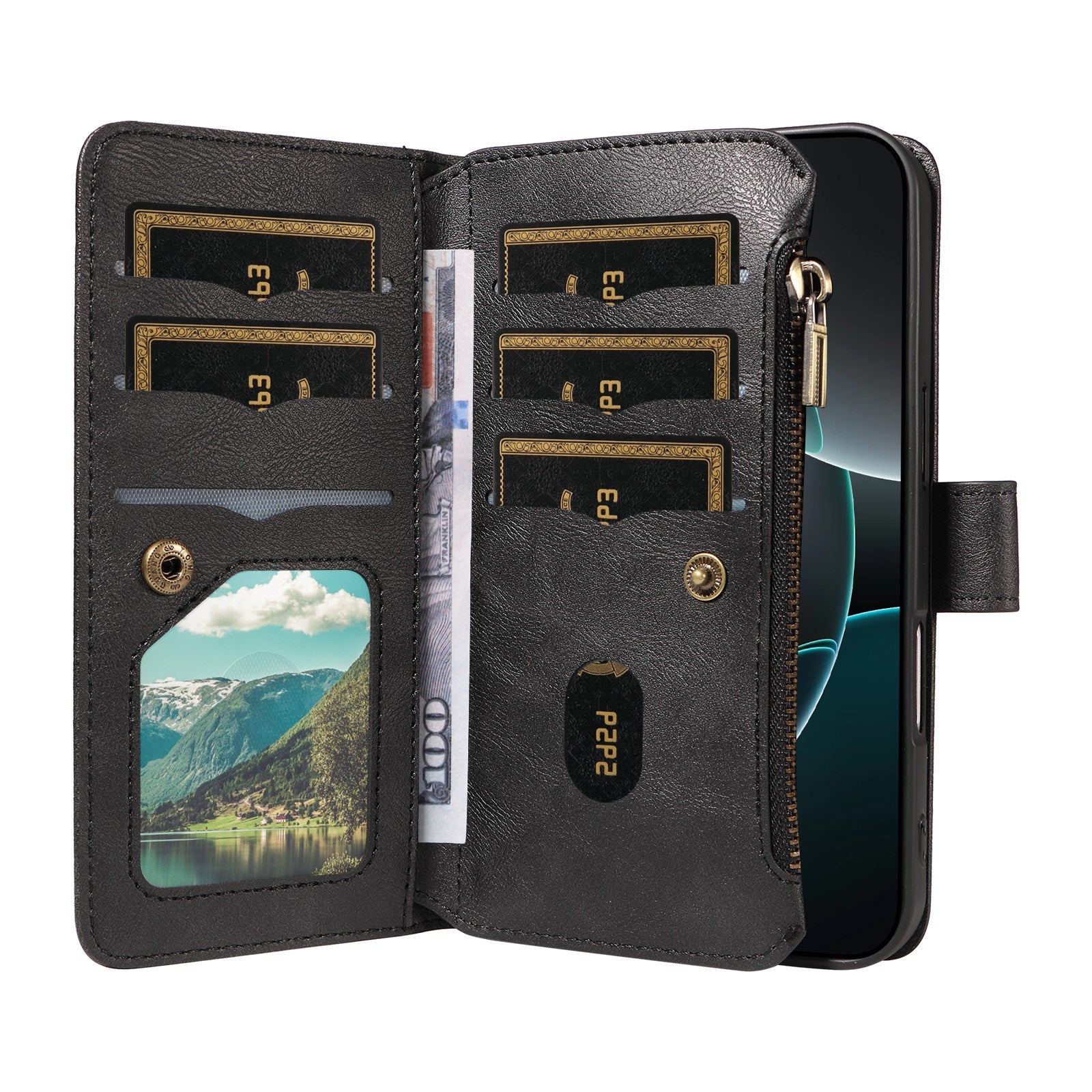 iPhone 17 EIDERWOOD Flipcover m. 9 x Kortholder - Lynlåslomme - RFDI-Blokering - Rem - Sort