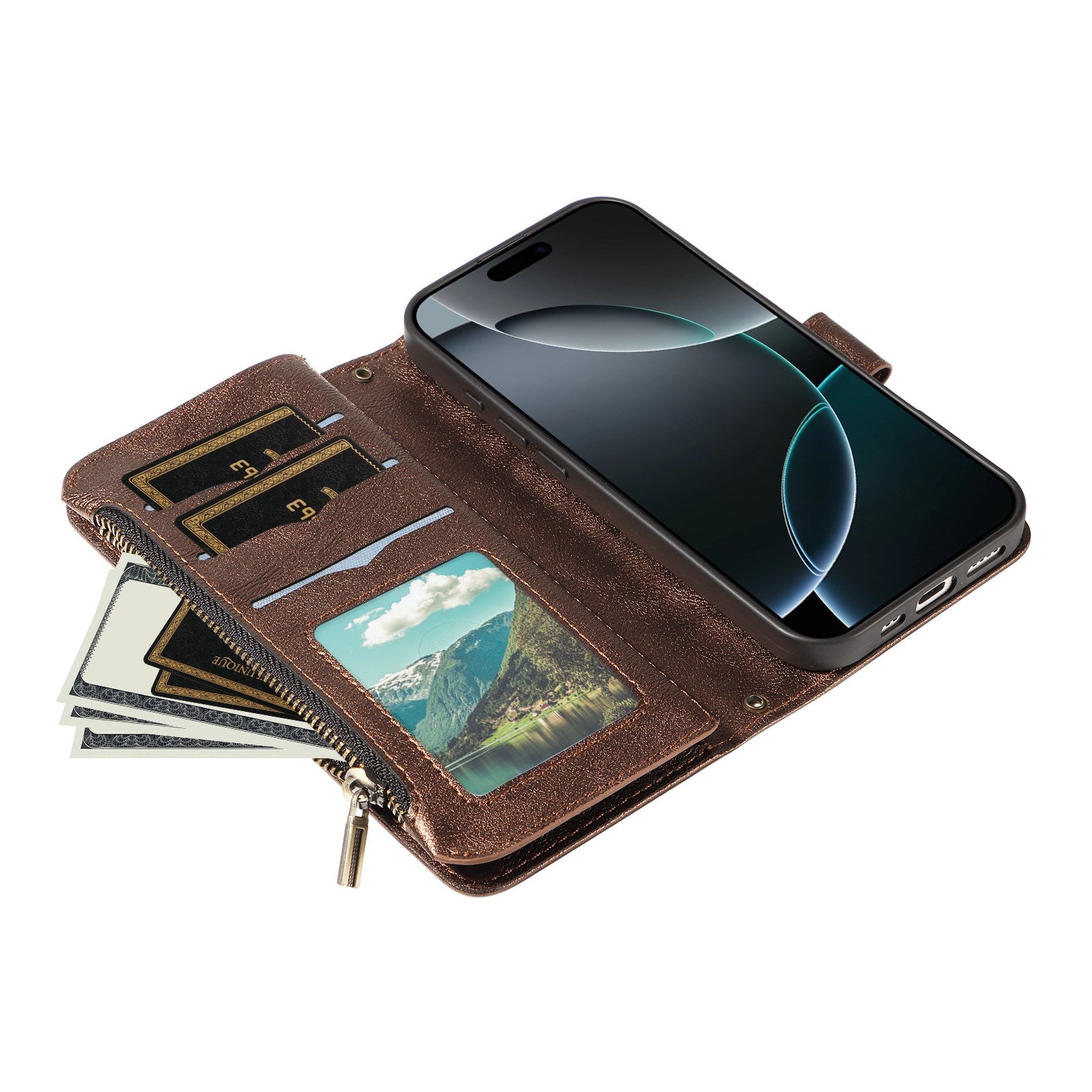 iPhone 17 EIDERWOOD Flipcover m. 9 x Kortholder - Lynlåslomme - RFDI-Blokering - Rem - Brun