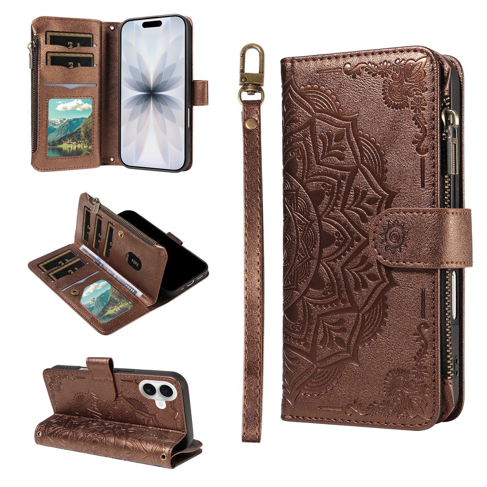 iPhone 17 EIDERWOOD Flipcover m. 9 x Kortholder - Lynlåslomme - RFDI-Blokering - Rem - Brun