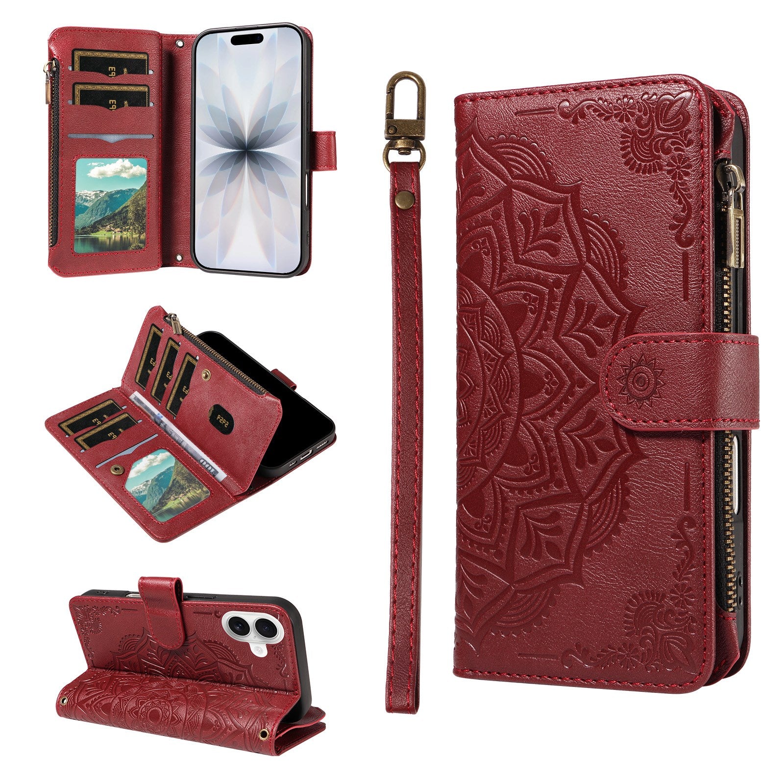 iPhone 17 EIDERWOOD Flipcover m. 9 x Kortholder - Lynlåslomme - RFDI-Blokering - Rem - Rød