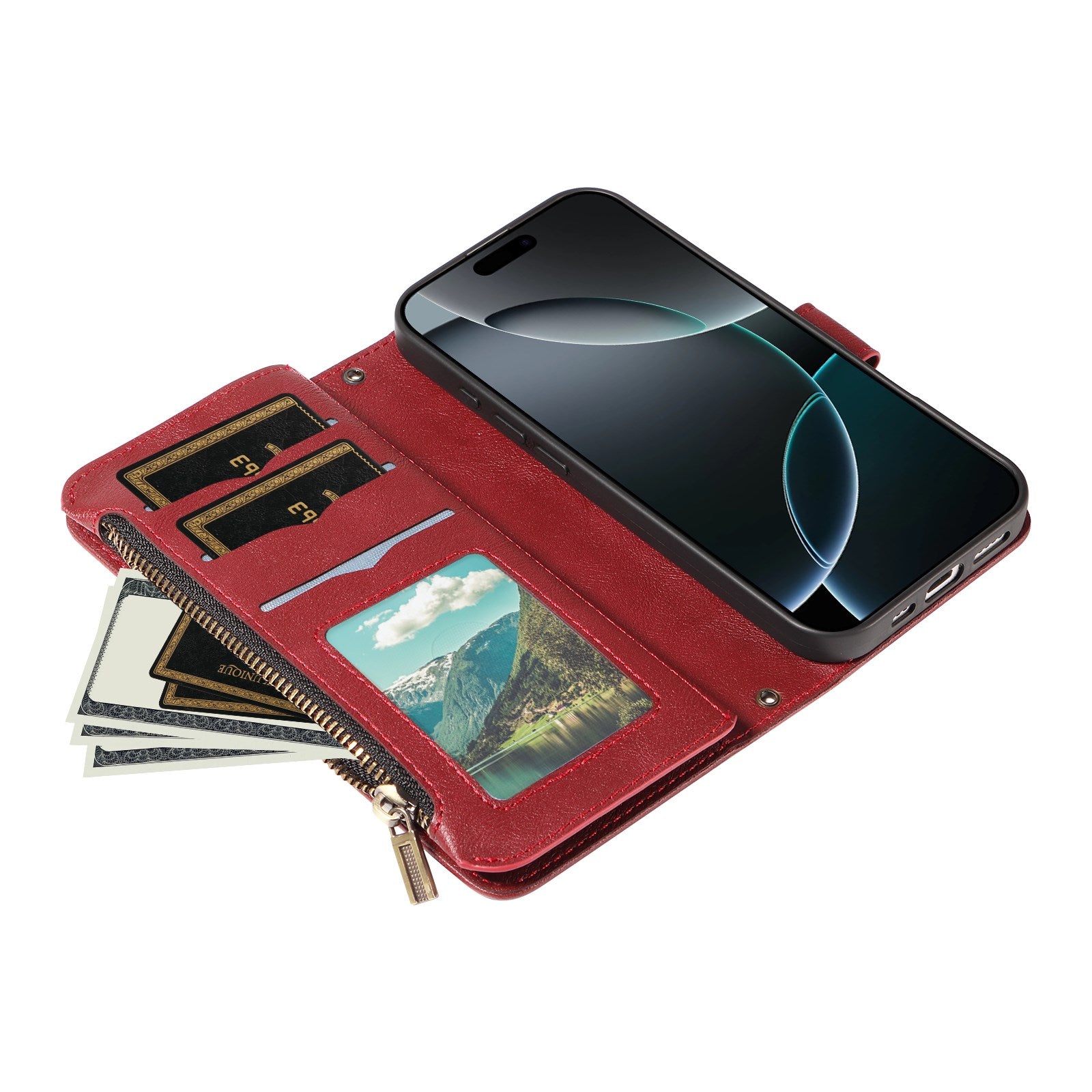iPhone 17 EIDERWOOD Flipcover m. 9 x Kortholder - Lynlåslomme - RFDI-Blokering - Rem - Rød