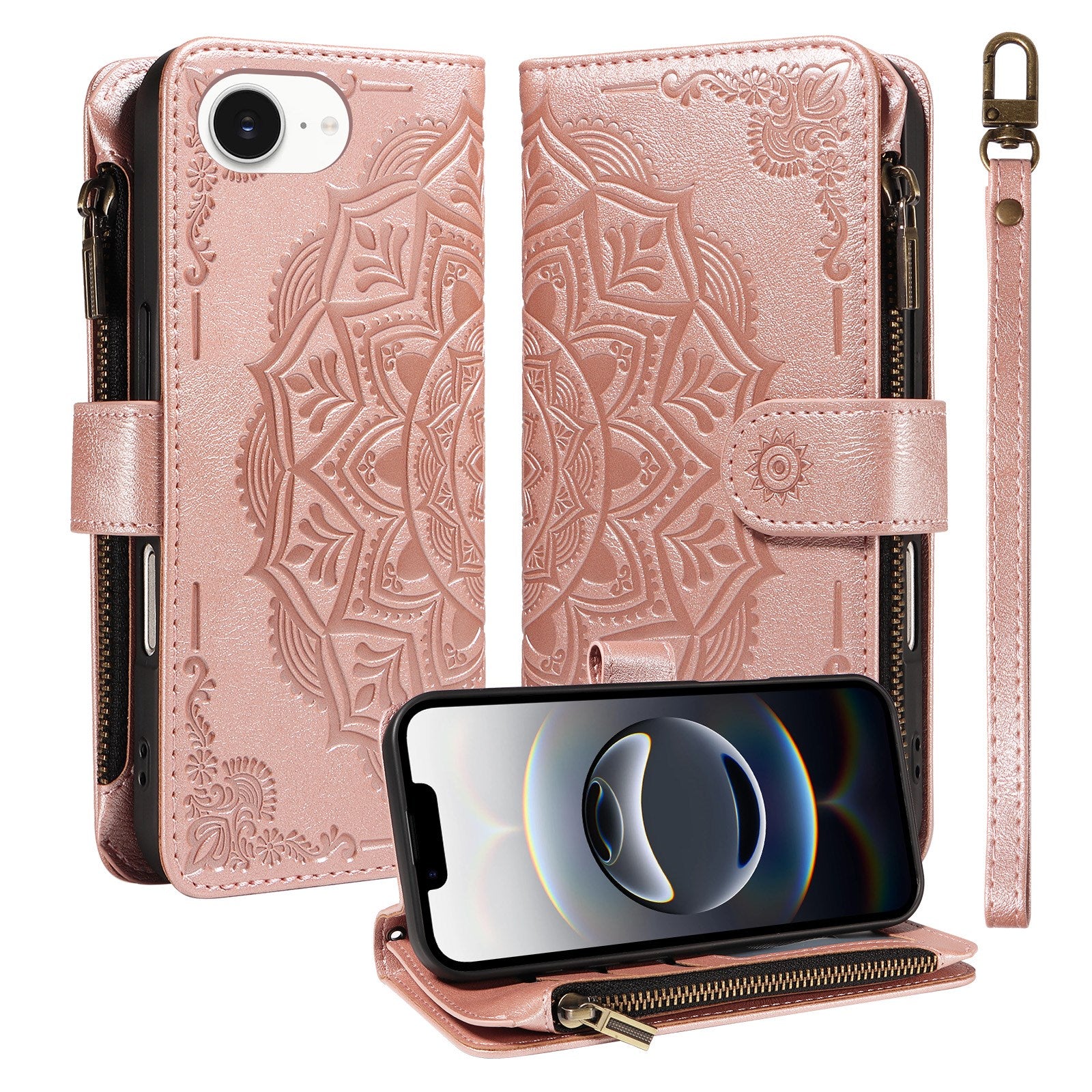 iPhone 17e / 16e EIDERWOOD Flipcover m. 9 x Kortholder - Lynlåslomme - RFDI-Blokering - Rem - Rose Gold
