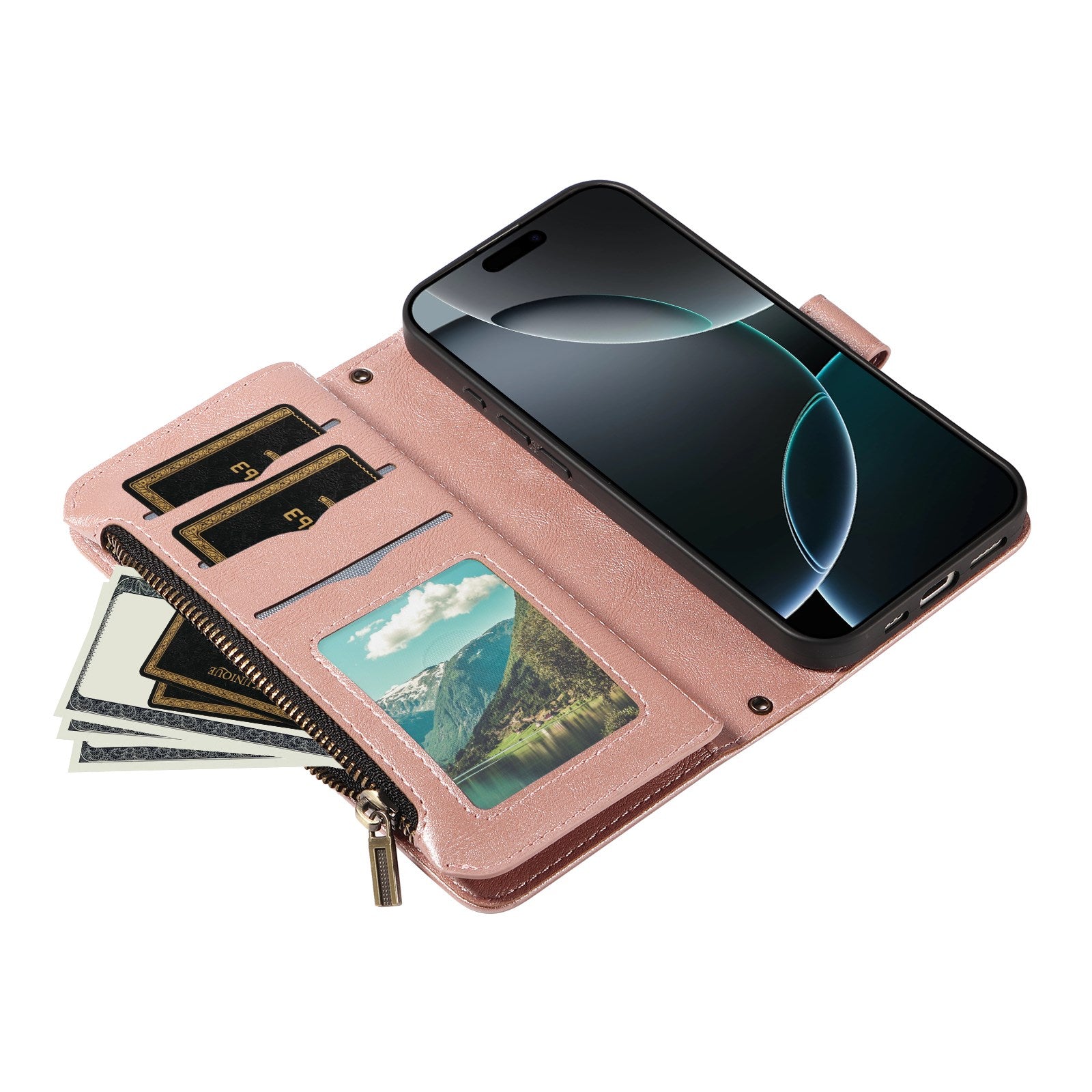 iPhone 17e / 16e EIDERWOOD Flipcover m. 9 x Kortholder - Lynlåslomme - RFDI-Blokering - Rem - Rose Gold