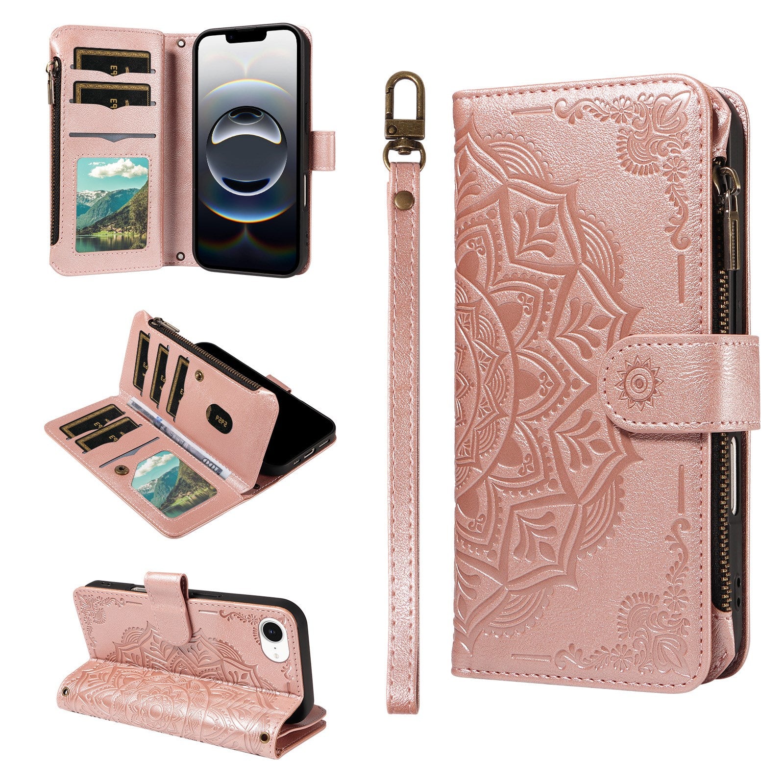 iPhone 17e / 16e EIDERWOOD Flipcover m. 9 x Kortholder - Lynlåslomme - RFDI-Blokering - Rem - Rose Gold