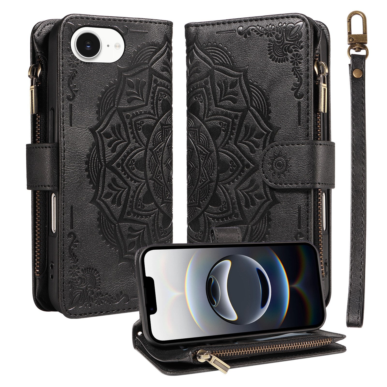 iPhone 17e / 16e EIDERWOOD Flipcover m. 9 x Kortholder - Lynlåslomme - RFDI-Blokering - Rem - Sort