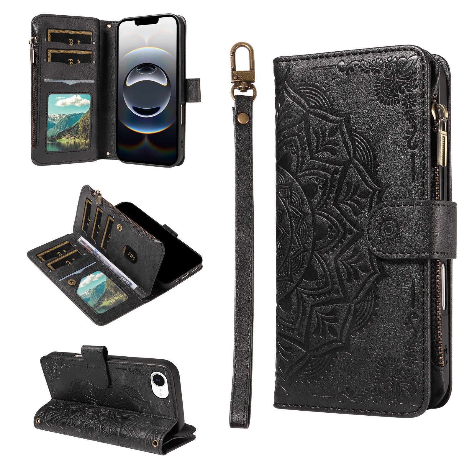 iPhone 17e / 16e EIDERWOOD Flipcover m. 9 x Kortholder - Lynlåslomme - RFDI-Blokering - Rem - Sort