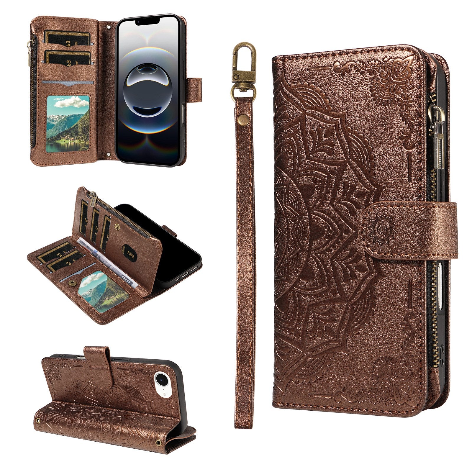 iPhone 17e / 16e EIDERWOOD Flipcover m. 9 x Kortholder - Lynlåslomme - RFDI-Blokering - Rem - Brun