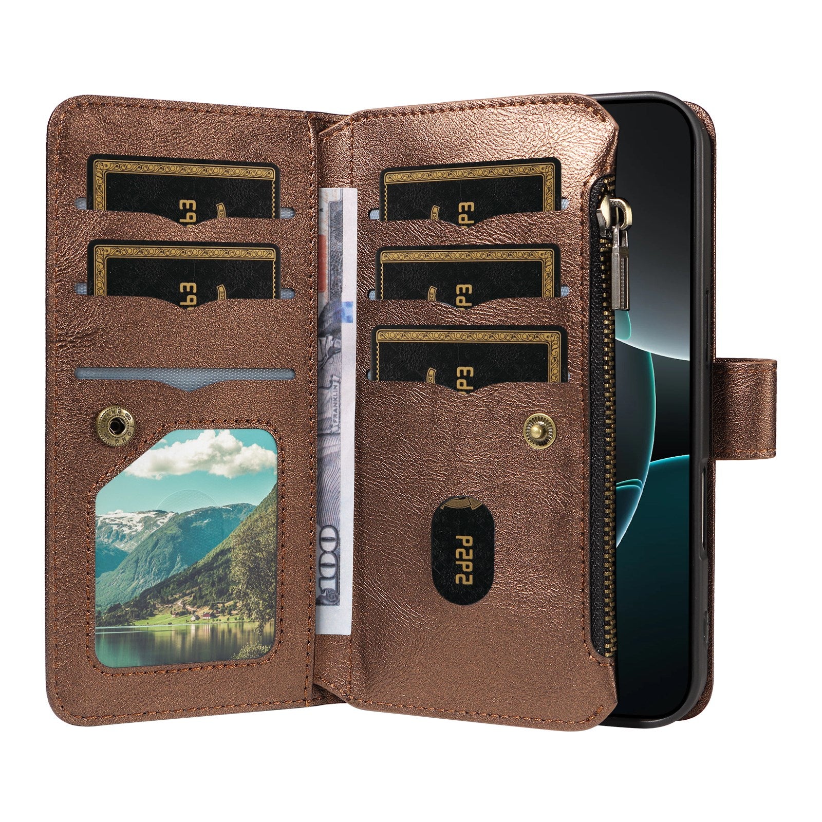 iPhone 17e / 16e EIDERWOOD Flipcover m. 9 x Kortholder - Lynlåslomme - RFDI-Blokering - Rem - Brun